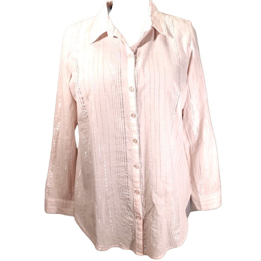 NEW Eye Catching Pale Pink Blouse w/ Silver Pinstripes